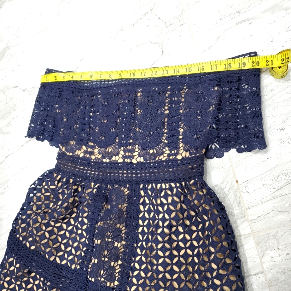 Off-Shoulder Navy Lace Midi Dress - Picture 8 of 9